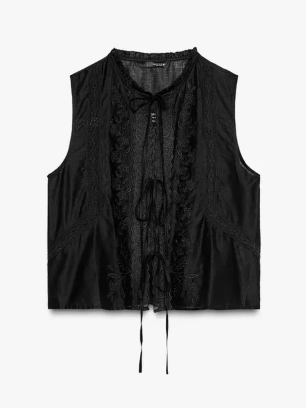 Zara Black Embroidered Tie-Front Blouse